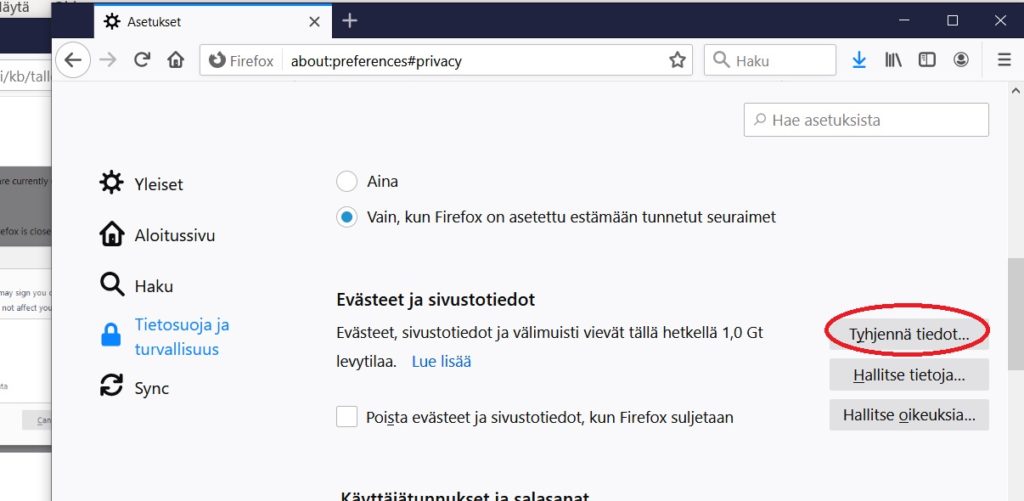 Firefoxin välimuistin tyhjennys Evästeet ja sivustotiedot