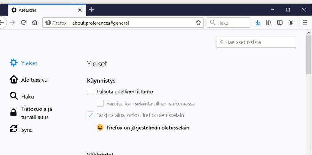 Firefoxin välimuistin tyhjennys selaimen asetukset-ikkunassa