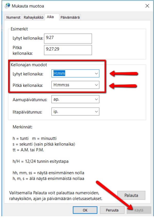 Windows10 Asetukset: Kellonajan muodon muutos