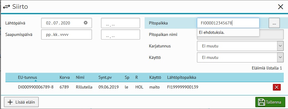 Siirtoilmoitus Minun Maatilani pitopaikan kirjoittaminen