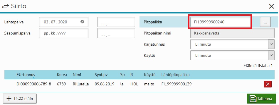 Siirtoilmoitus Minun Maatilani pitopaikan tallennus