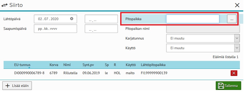 Siirtoilmoitus Minun Maatilani pitopaikka