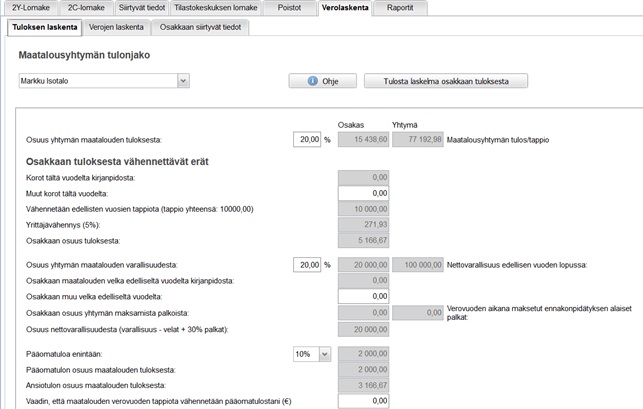 Maatalousyhtymän verolaskenta jako osakkaille