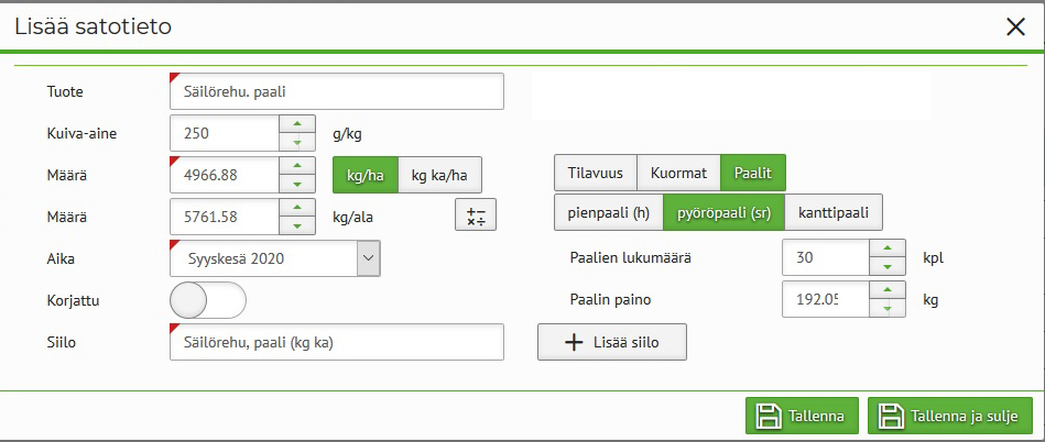 Kuva 2. Kuorma- tai paalimäärät voi tallentaa Wisuun heti sadonkorjuun jälkeen