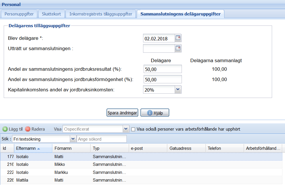 Sammanslutningens delägaruppgifter