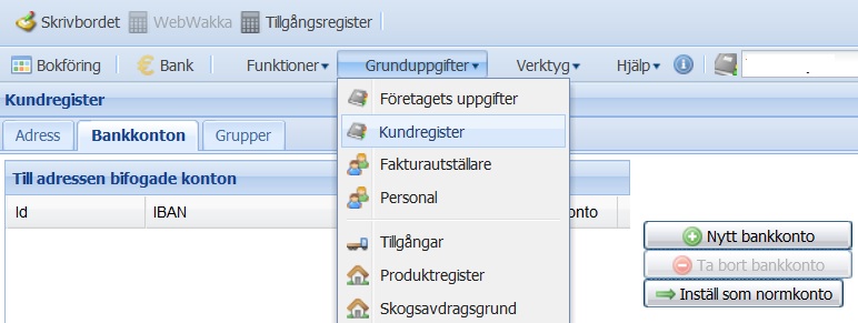 Kundregister i WebWakka - bankkonton